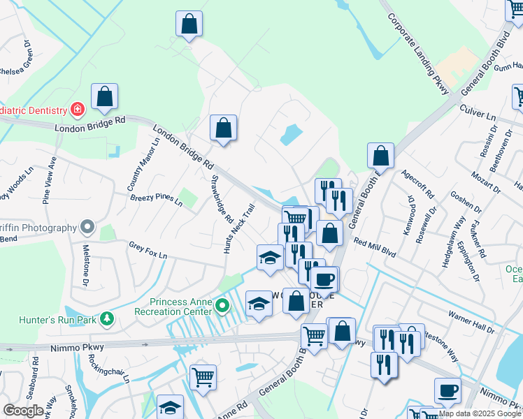 map of restaurants, bars, coffee shops, grocery stores, and more near 2108 Croydon Court in Virginia Beach