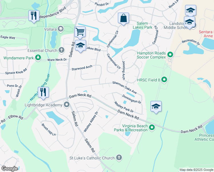 map of restaurants, bars, coffee shops, grocery stores, and more near 2112 Senior Court in Virginia Beach