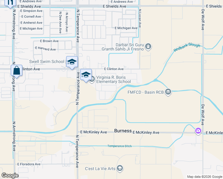 map of restaurants, bars, coffee shops, grocery stores, and more near 7252 East Berkeley Avenue in Fresno