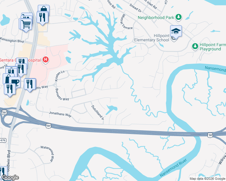 map of restaurants, bars, coffee shops, grocery stores, and more near 124 Mallard Drive in Suffolk