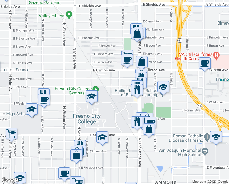 map of restaurants, bars, coffee shops, grocery stores, and more near 1421 East Cambridge Avenue in Fresno