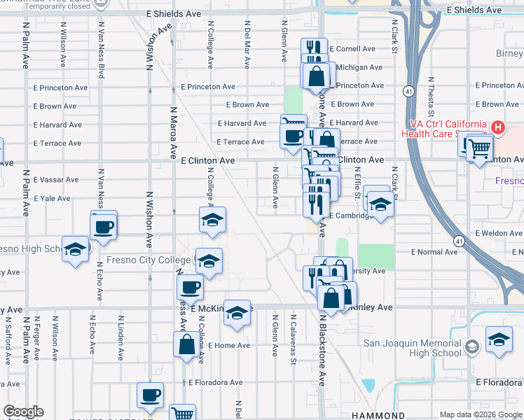 map of restaurants, bars, coffee shops, grocery stores, and more near 1409 East Cambridge Avenue in Fresno