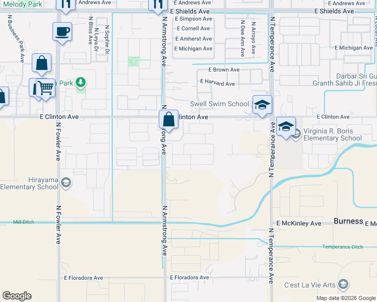 map of restaurants, bars, coffee shops, grocery stores, and more near 2204 North Armstrong Avenue in Fresno