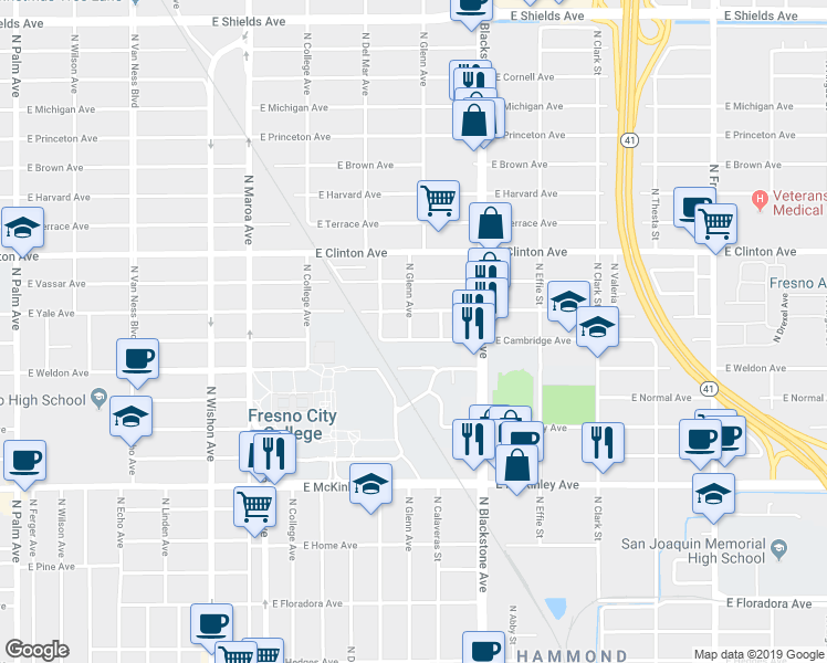 map of restaurants, bars, coffee shops, grocery stores, and more near 151 East Cambridge Avenue in Fresno