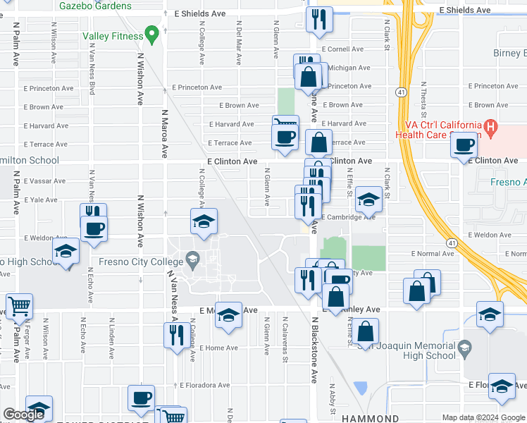 map of restaurants, bars, coffee shops, grocery stores, and more near 151 East Cambridge Avenue in Fresno