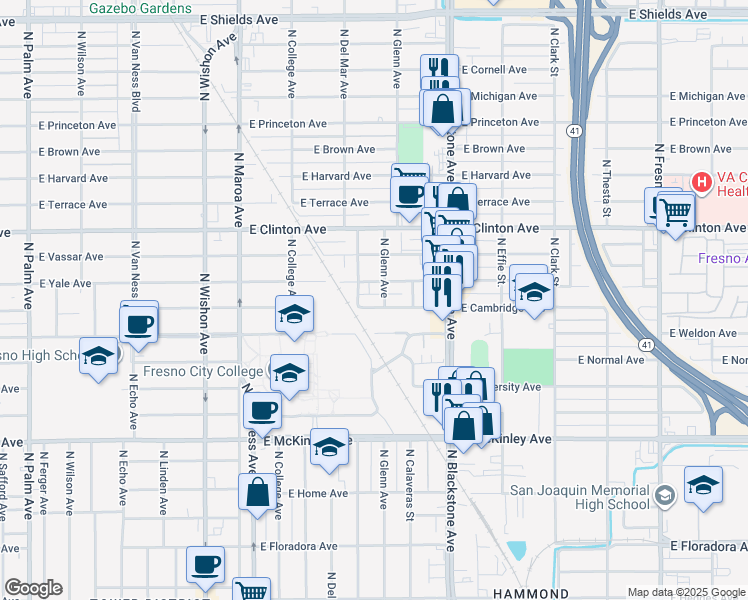 map of restaurants, bars, coffee shops, grocery stores, and more near 1405 East Cambridge Avenue in Fresno
