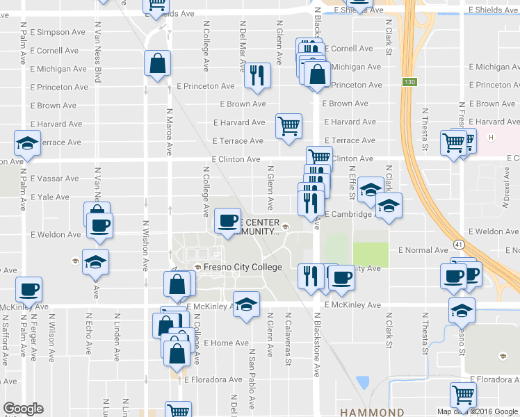 map of restaurants, bars, coffee shops, grocery stores, and more near 1405 East Cambridge Avenue in Fresno
