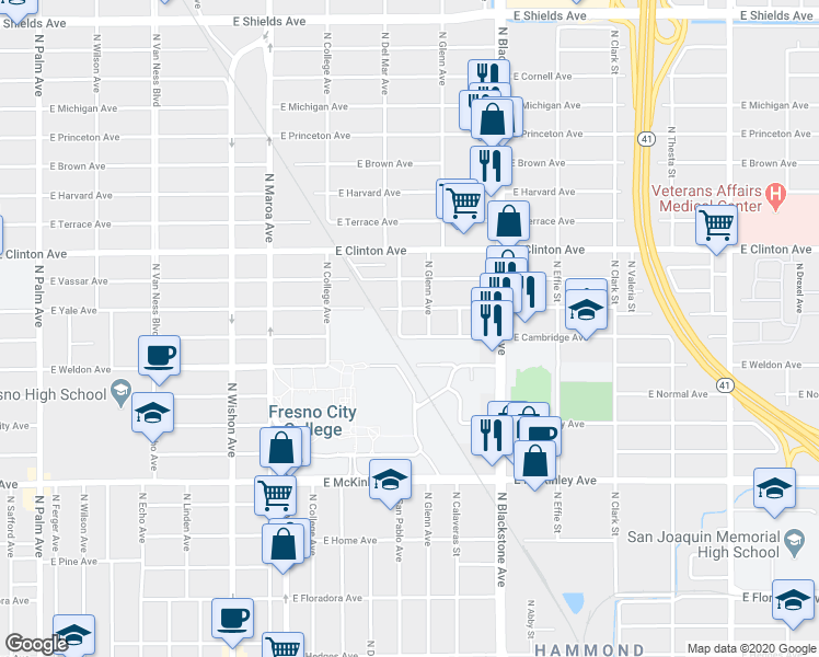 map of restaurants, bars, coffee shops, grocery stores, and more near 1405 East Cambridge Avenue in Fresno