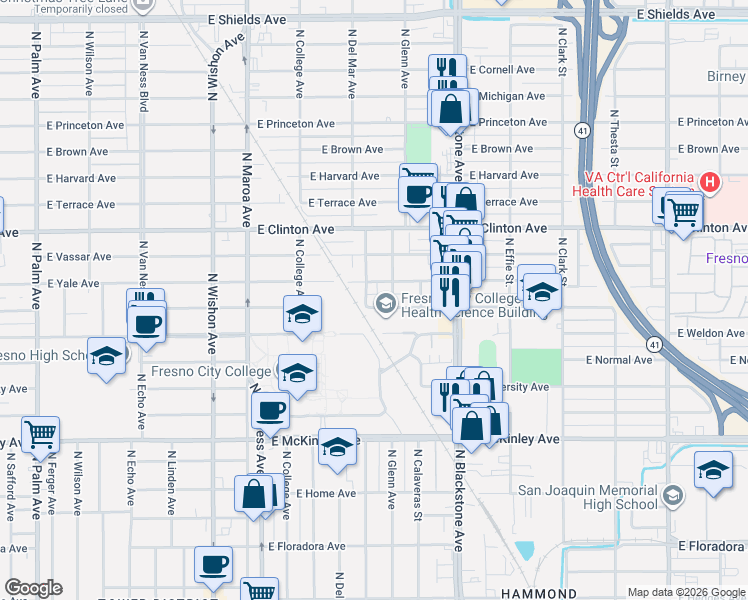 map of restaurants, bars, coffee shops, grocery stores, and more near 1405 East Cambridge Avenue in Fresno