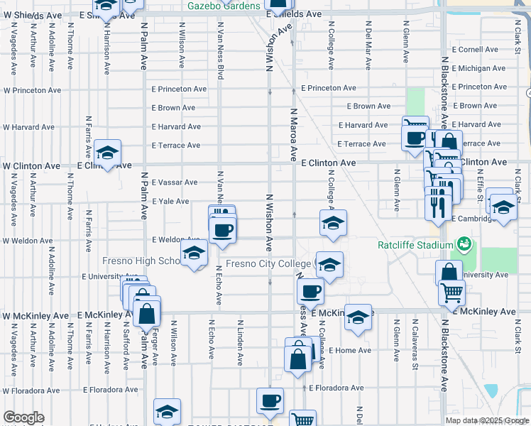 map of restaurants, bars, coffee shops, grocery stores, and more near 703 East Cambridge Avenue in Fresno