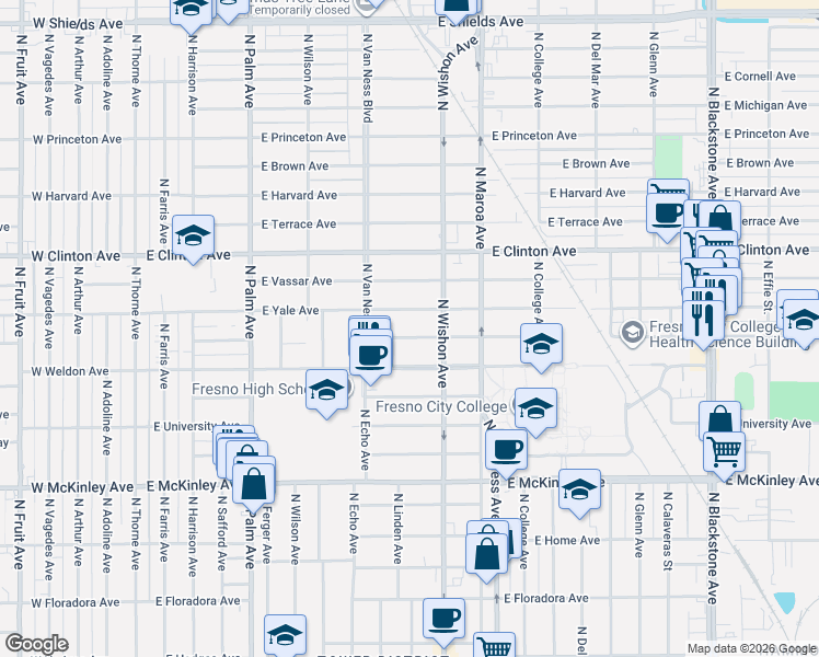 map of restaurants, bars, coffee shops, grocery stores, and more near 703 East Cambridge Avenue in Fresno