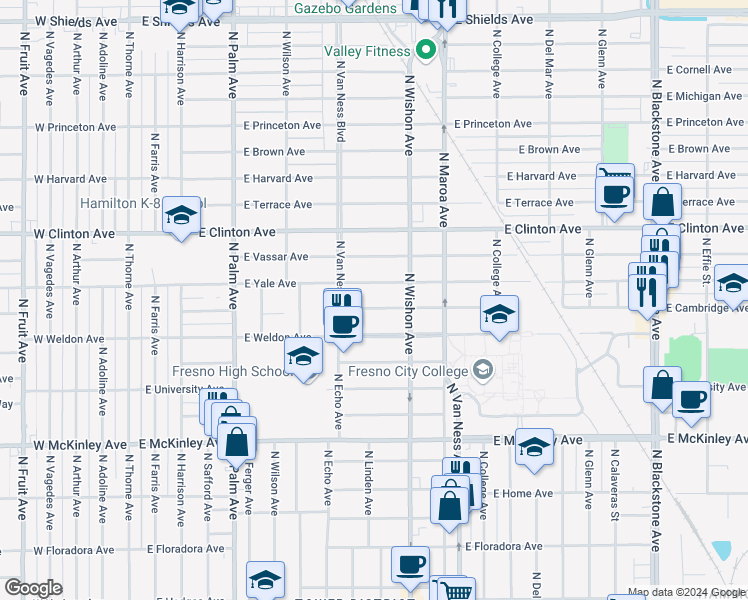 map of restaurants, bars, coffee shops, grocery stores, and more near 703 East Cambridge Avenue in Fresno