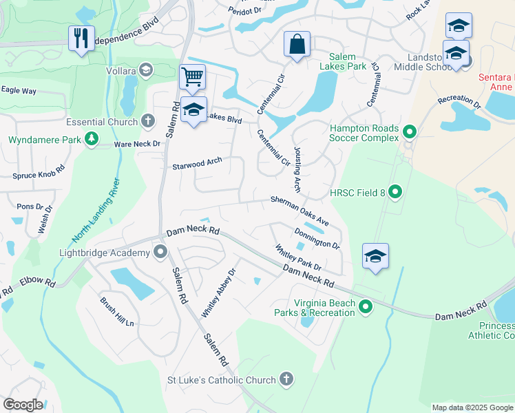 map of restaurants, bars, coffee shops, grocery stores, and more near 2112 Senior Court in Virginia Beach