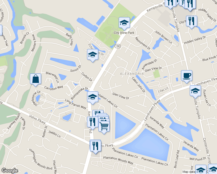 map of restaurants, bars, coffee shops, grocery stores, and more near 2160 Fort Belvoir Drive in Virginia Beach