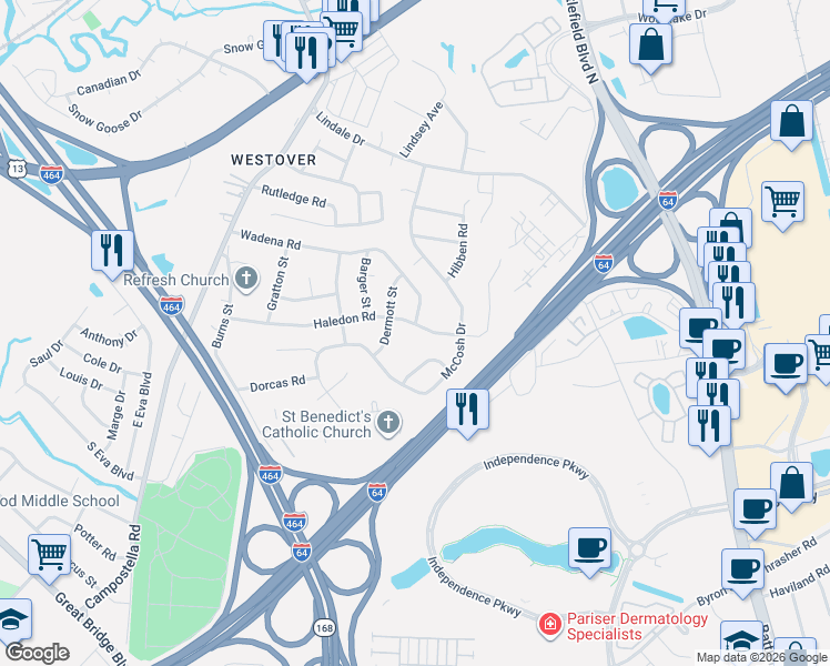 map of restaurants, bars, coffee shops, grocery stores, and more near 4713 Dermott Street in Chesapeake