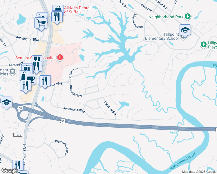 map of restaurants, bars, coffee shops, grocery stores, and more near 100 Mallard Drive in Suffolk