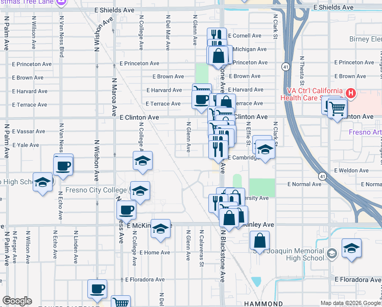 map of restaurants, bars, coffee shops, grocery stores, and more near 2118 North Glenn Avenue in Fresno