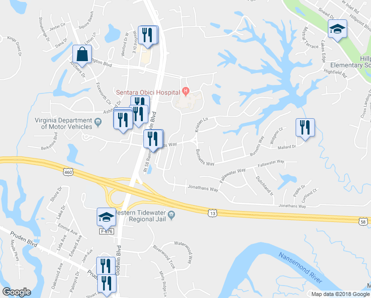 map of restaurants, bars, coffee shops, grocery stores, and more near 105 Burnetts Court in Suffolk