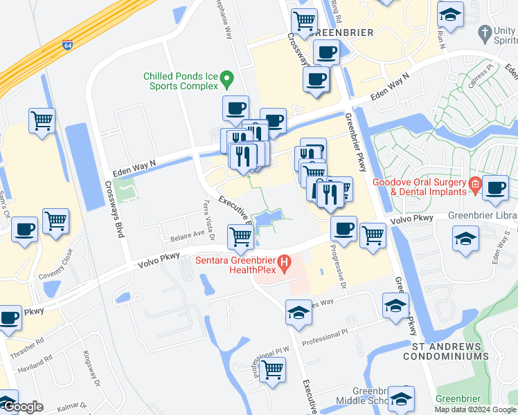 map of restaurants, bars, coffee shops, grocery stores, and more near 1317 Executive Boulevard in Chesapeake