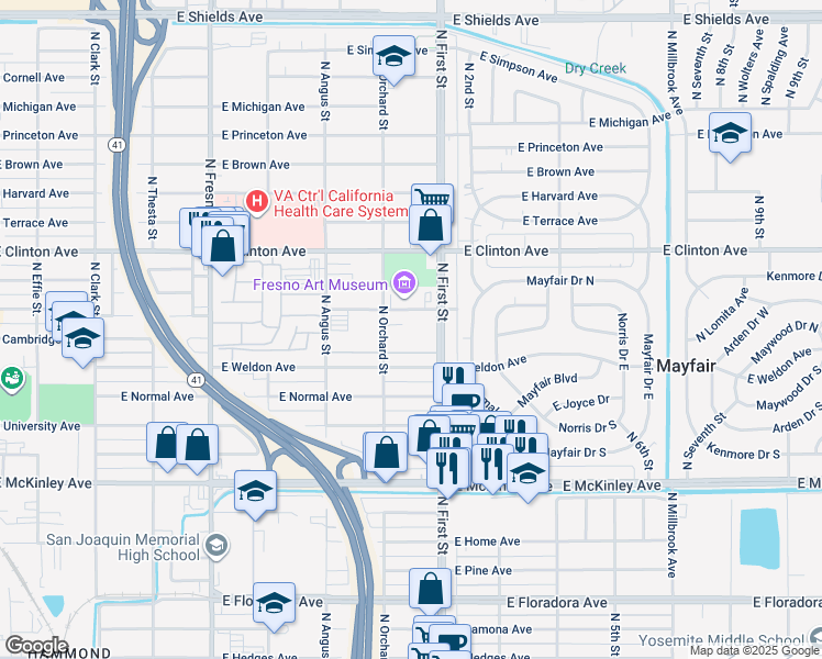 map of restaurants, bars, coffee shops, grocery stores, and more near 2121 North First Street in Fresno
