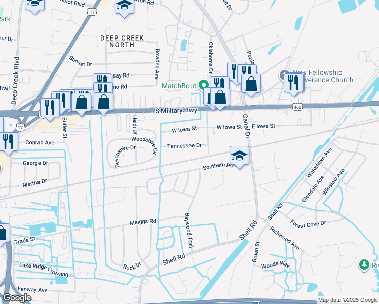 map of restaurants, bars, coffee shops, grocery stores, and more near 2225 Tennessee Drive in Chesapeake