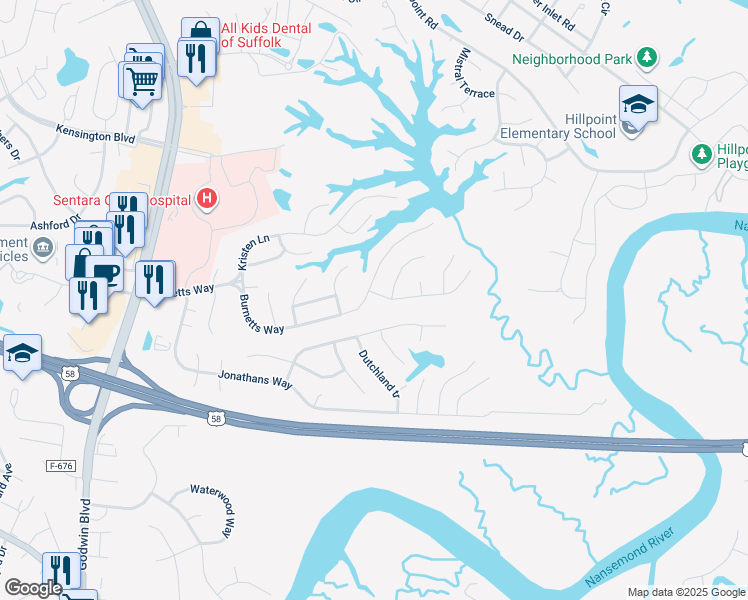 map of restaurants, bars, coffee shops, grocery stores, and more near 100 Mallard Drive in Suffolk