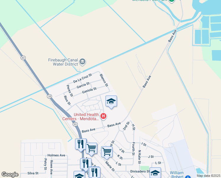 map of restaurants, bars, coffee shops, grocery stores, and more near 301 Blanco Street in Mendota