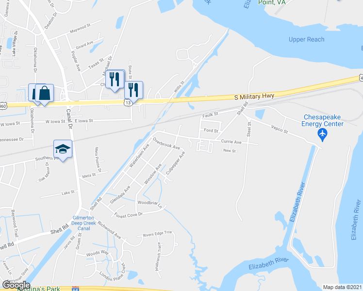 map of restaurants, bars, coffee shops, grocery stores, and more near 1548 Overbrook Avenue in Chesapeake