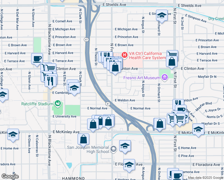 map of restaurants, bars, coffee shops, grocery stores, and more near 2098 North Fresno Street in Fresno