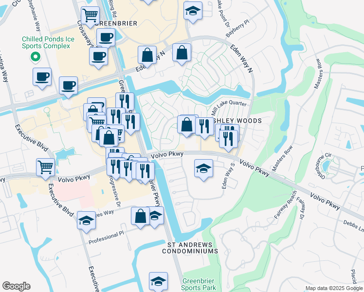 map of restaurants, bars, coffee shops, grocery stores, and more near 1032 Volvo Parkway in Chesapeake