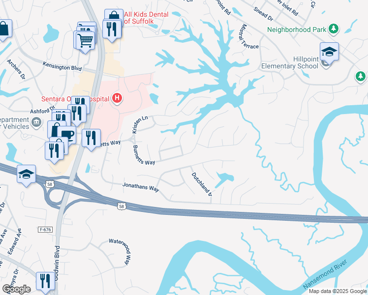 map of restaurants, bars, coffee shops, grocery stores, and more near 102 Timberneck Arch in Suffolk