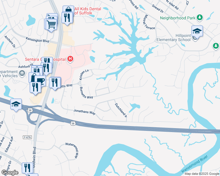 map of restaurants, bars, coffee shops, grocery stores, and more near 102 Timberneck Arch in Suffolk