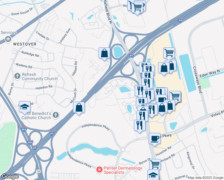 map of restaurants, bars, coffee shops, grocery stores, and more near 1509 Tintern St in Chesapeake