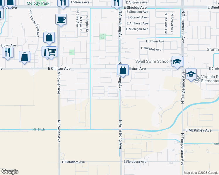 map of restaurants, bars, coffee shops, grocery stores, and more near 2187-2399 North Armstrong Avenue in Fresno
