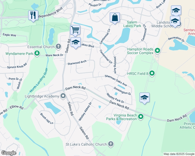 map of restaurants, bars, coffee shops, grocery stores, and more near 2100 Senior Court in Virginia Beach
