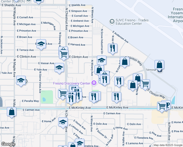 map of restaurants, bars, coffee shops, grocery stores, and more near 2110 North Winery Avenue in Fresno