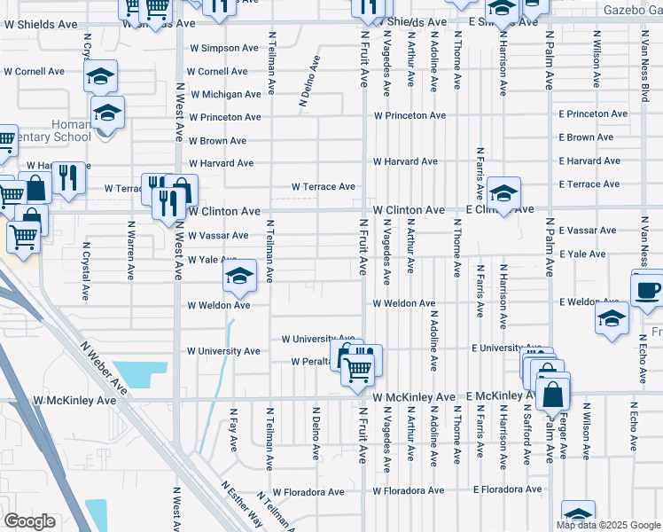 map of restaurants, bars, coffee shops, grocery stores, and more near in Fresno