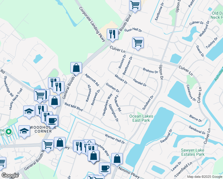 map of restaurants, bars, coffee shops, grocery stores, and more near 2147 Hedgelawn Way in Virginia Beach