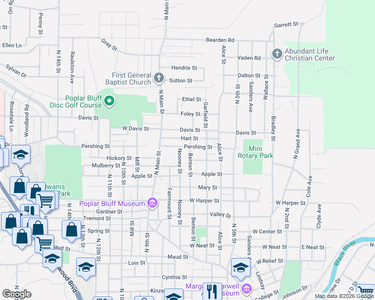 map of restaurants, bars, coffee shops, grocery stores, and more near 1332 Benton Street in Poplar Bluff