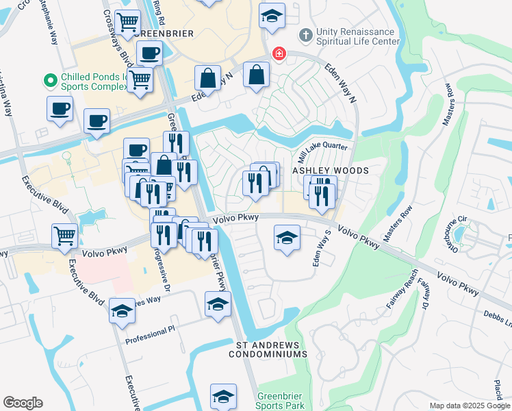 map of restaurants, bars, coffee shops, grocery stores, and more near 1032 Volvo Parkway in Chesapeake