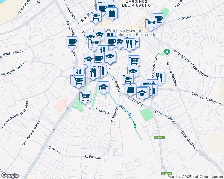 map of restaurants, bars, coffee shops, grocery stores, and more near 12A Calle Junco in Sanlúcar de Barrameda
