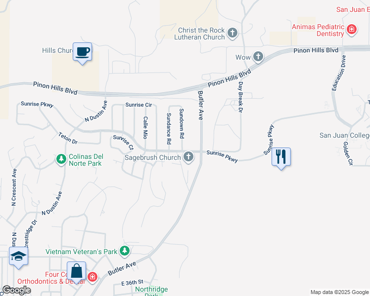 map of restaurants, bars, coffee shops, grocery stores, and more near 4700 Sundown Road in Farmington
