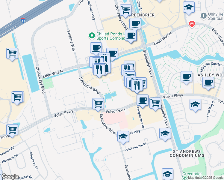 map of restaurants, bars, coffee shops, grocery stores, and more near 1313 Executive Boulevard in Chesapeake