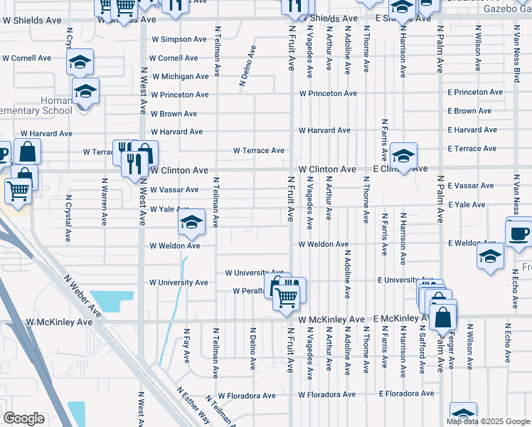 map of restaurants, bars, coffee shops, grocery stores, and more near in Fresno