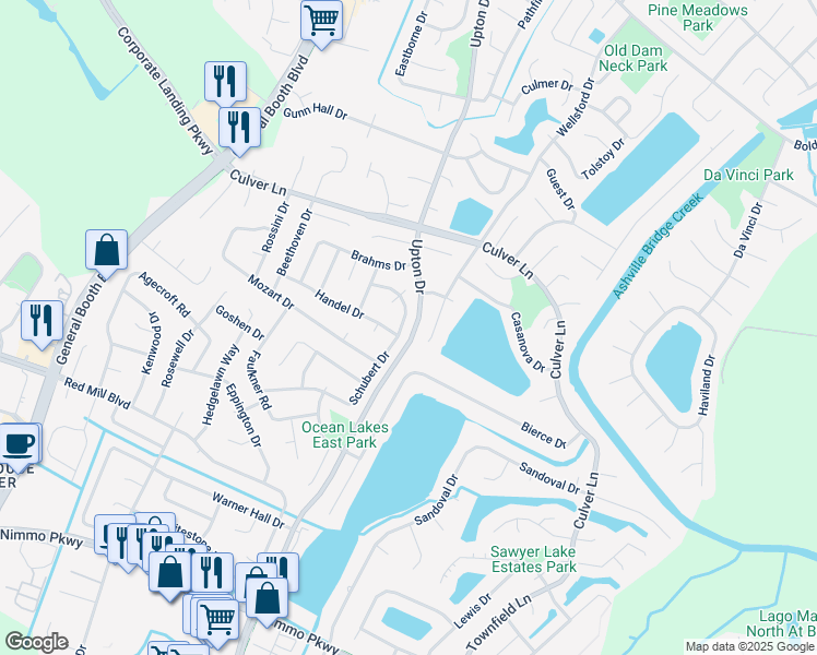 map of restaurants, bars, coffee shops, grocery stores, and more near 2048 Schubert Drive in Virginia Beach