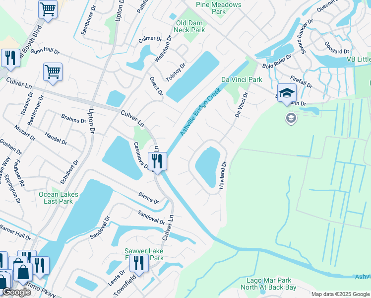 map of restaurants, bars, coffee shops, grocery stores, and more near 1113 Ketchikan Court in Virginia Beach