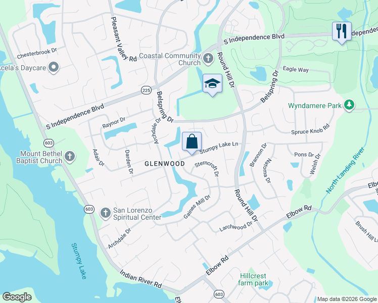 map of restaurants, bars, coffee shops, grocery stores, and more near 3829 Stumpy Lake Lane in Virginia Beach