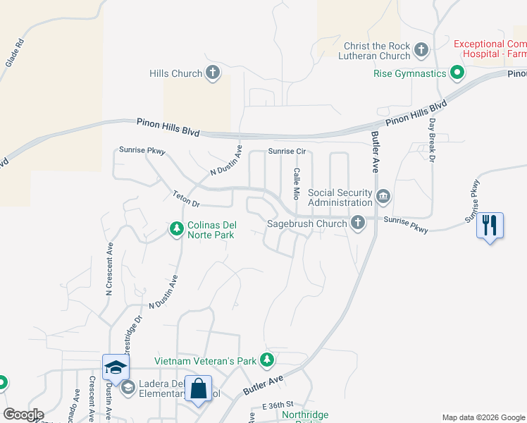 map of restaurants, bars, coffee shops, grocery stores, and more near 808 Sunrise Court in Farmington