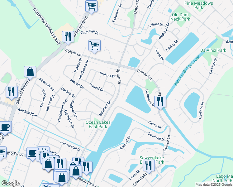 map of restaurants, bars, coffee shops, grocery stores, and more near 2048 Schubert Drive in Virginia Beach