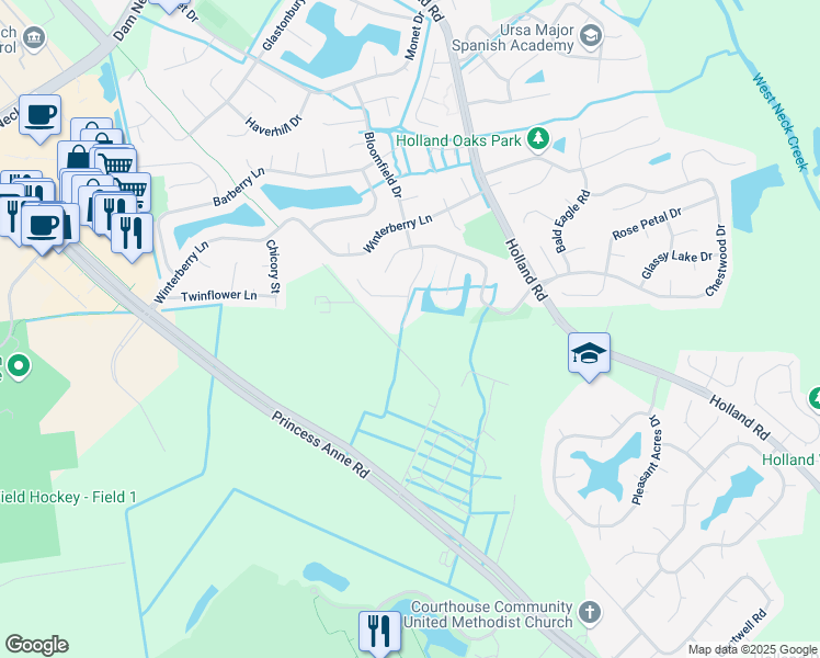 map of restaurants, bars, coffee shops, grocery stores, and more near 2052 Aloma Drive in Virginia Beach